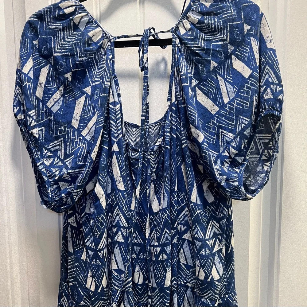 Knox Rose A-Line Blue Geometric Short-Sleeve Midi‎ Dress. Size Large. - Picture 10 of 13